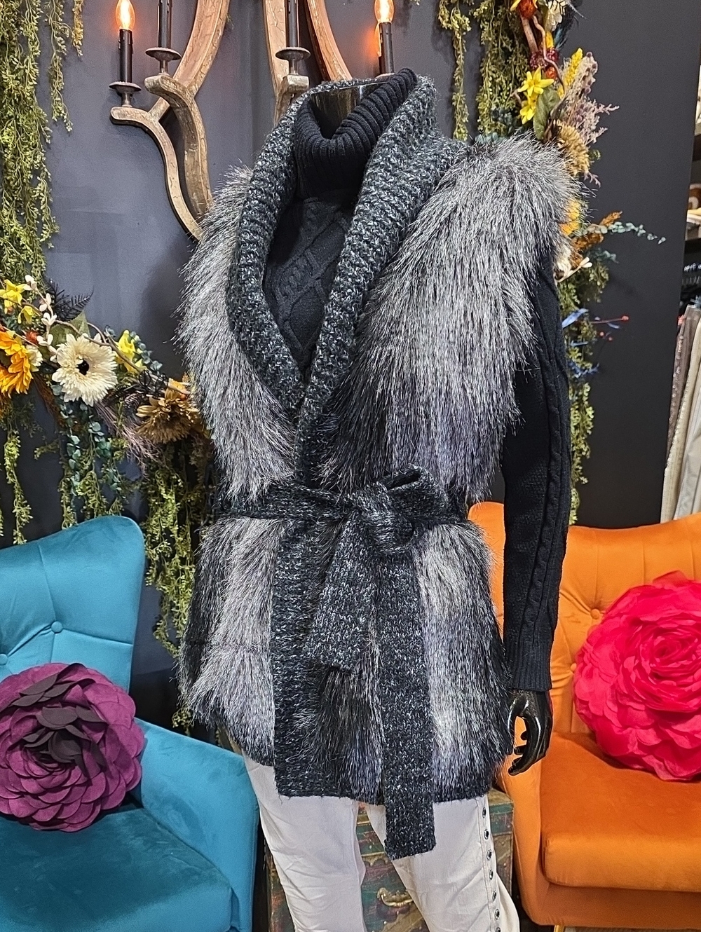 Cripple Creek Heavy Knit Gray & Black Shag Fur Vest